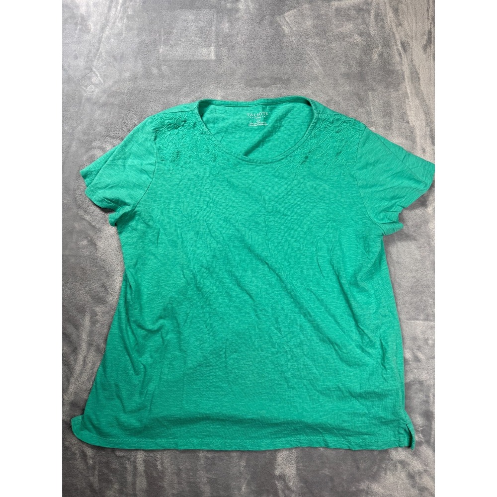 Talbots Petite T Shirt Womens XLP Cotton Green Side Slit Embroidered Detailing